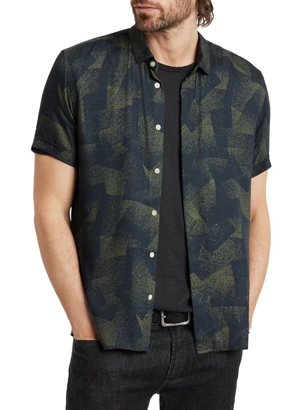 John Varvatos Loren Abstract Print Button Shirt Mens Deep Olive Green L NWT 198